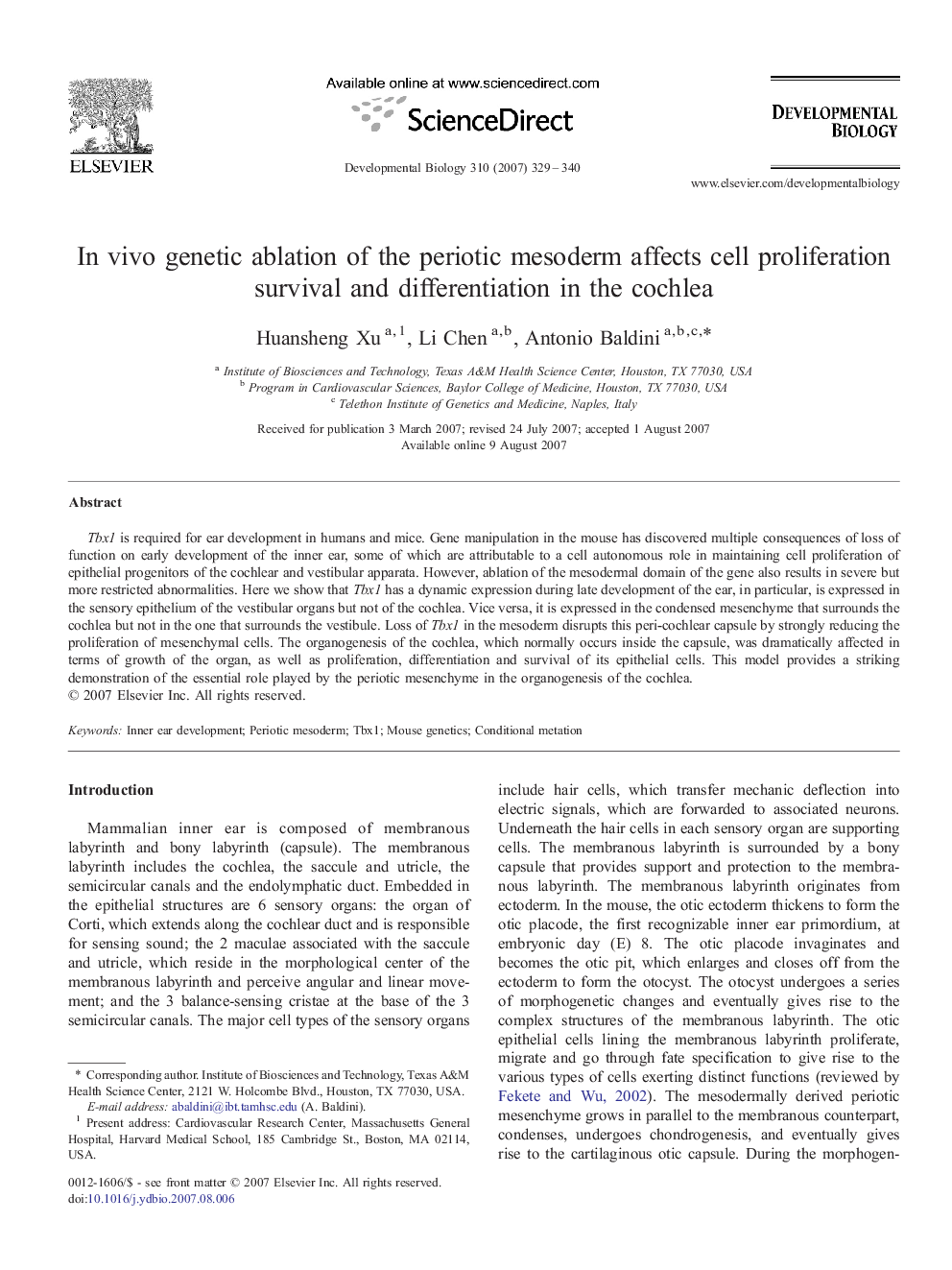 In vivo genetic ablation of the periotic mesoderm affects cell proliferation survival and differentiation in the cochlea