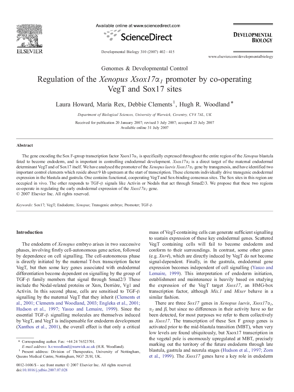 Regulation of the Xenopus Xsox17Î±1 promoter by co-operating VegT and Sox17 sites