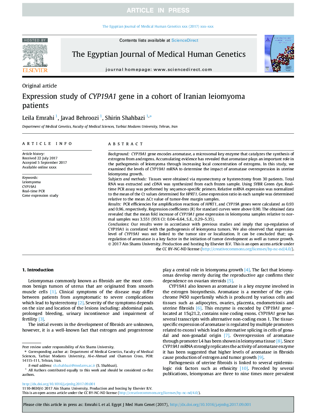 Expression study of CYP19A1 gene in a cohort of Iranian leiomyoma patients