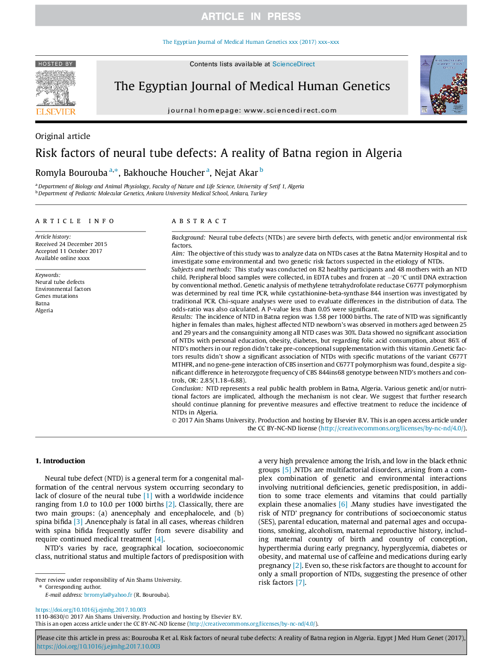 Risk factors of neural tube defects: A reality of Batna region in Algeria