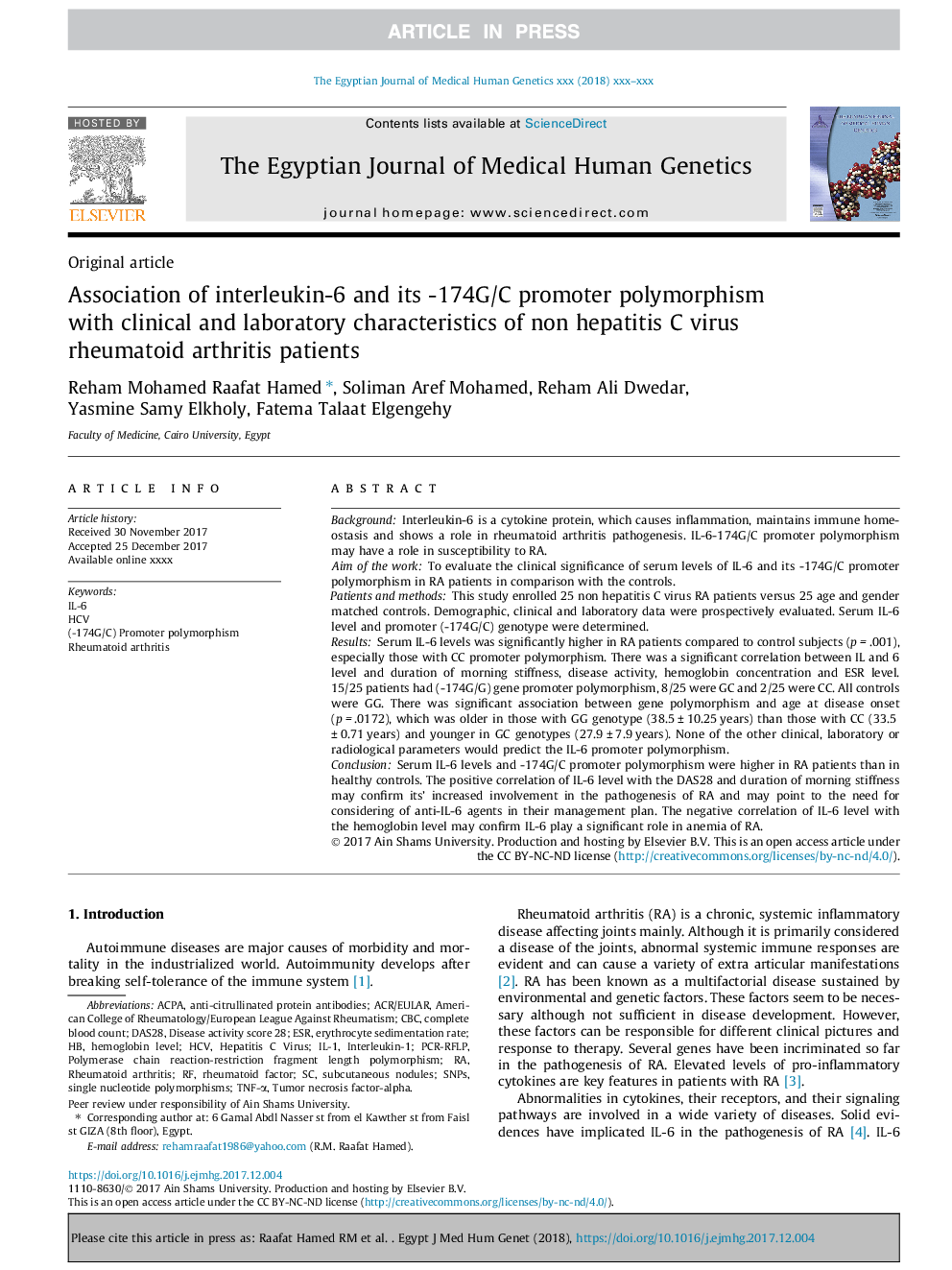 Association of interleukin-6 and its -174G/C promoter polymorphism with clinical and laboratory characteristics of non hepatitis C virus rheumatoid arthritis patients