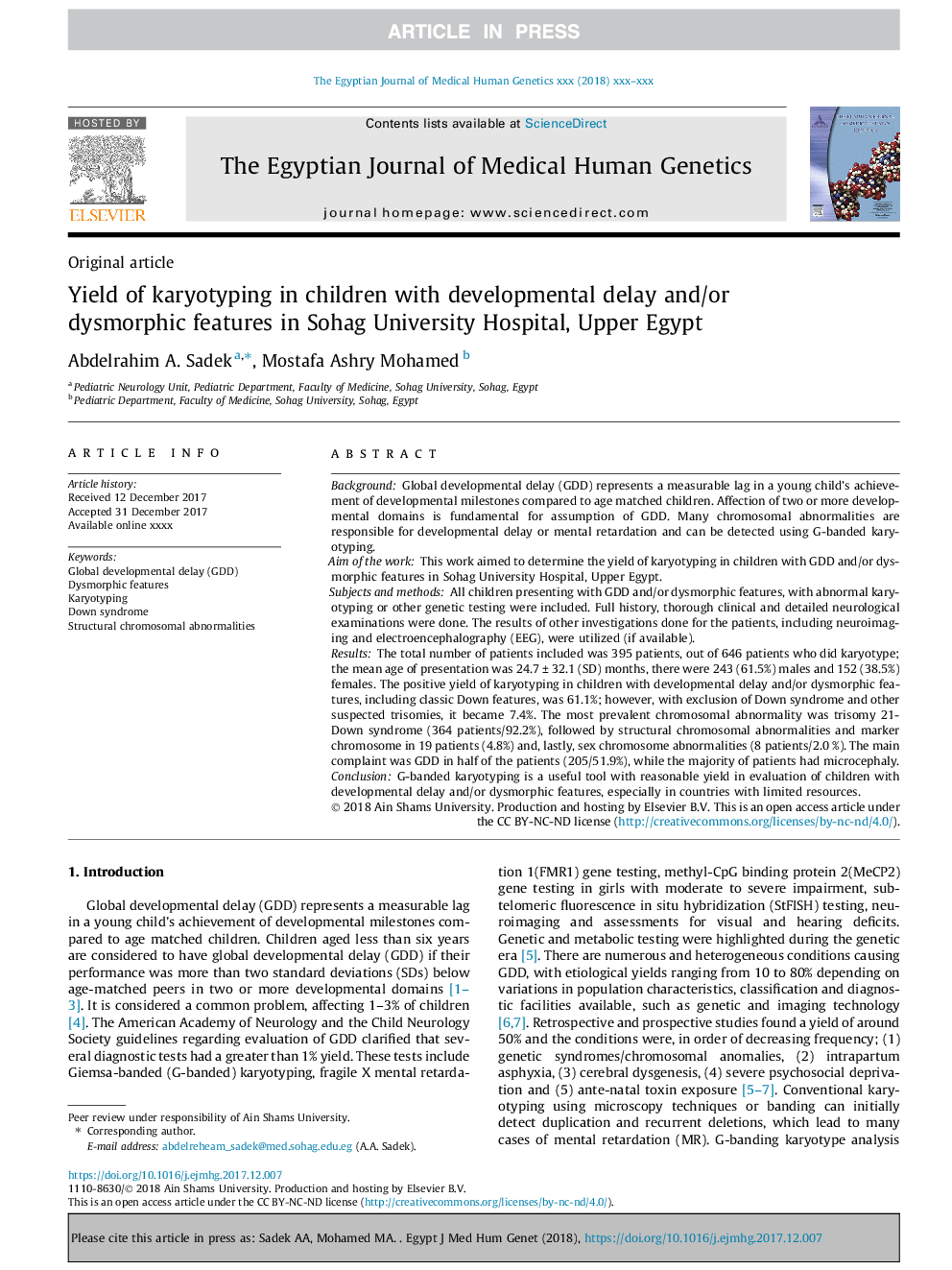 Yield of karyotyping in children with developmental delay and/or dysmorphic features in Sohag University Hospital, Upper Egypt