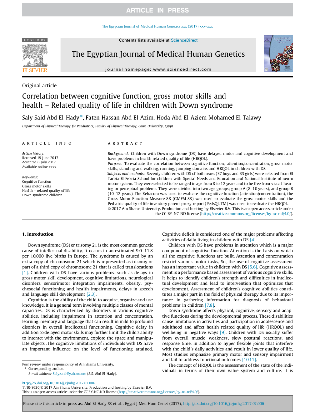 Correlation between cognitive function, gross motor skills and health - Related quality of life in children with Down syndrome