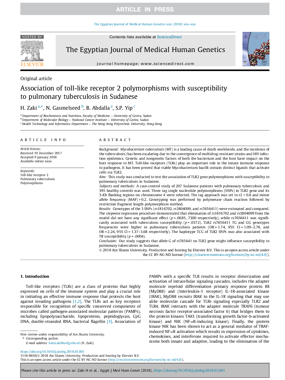 Association of toll-like receptor 2 polymorphisms with susceptibility to pulmonary tuberculosis in Sudanese