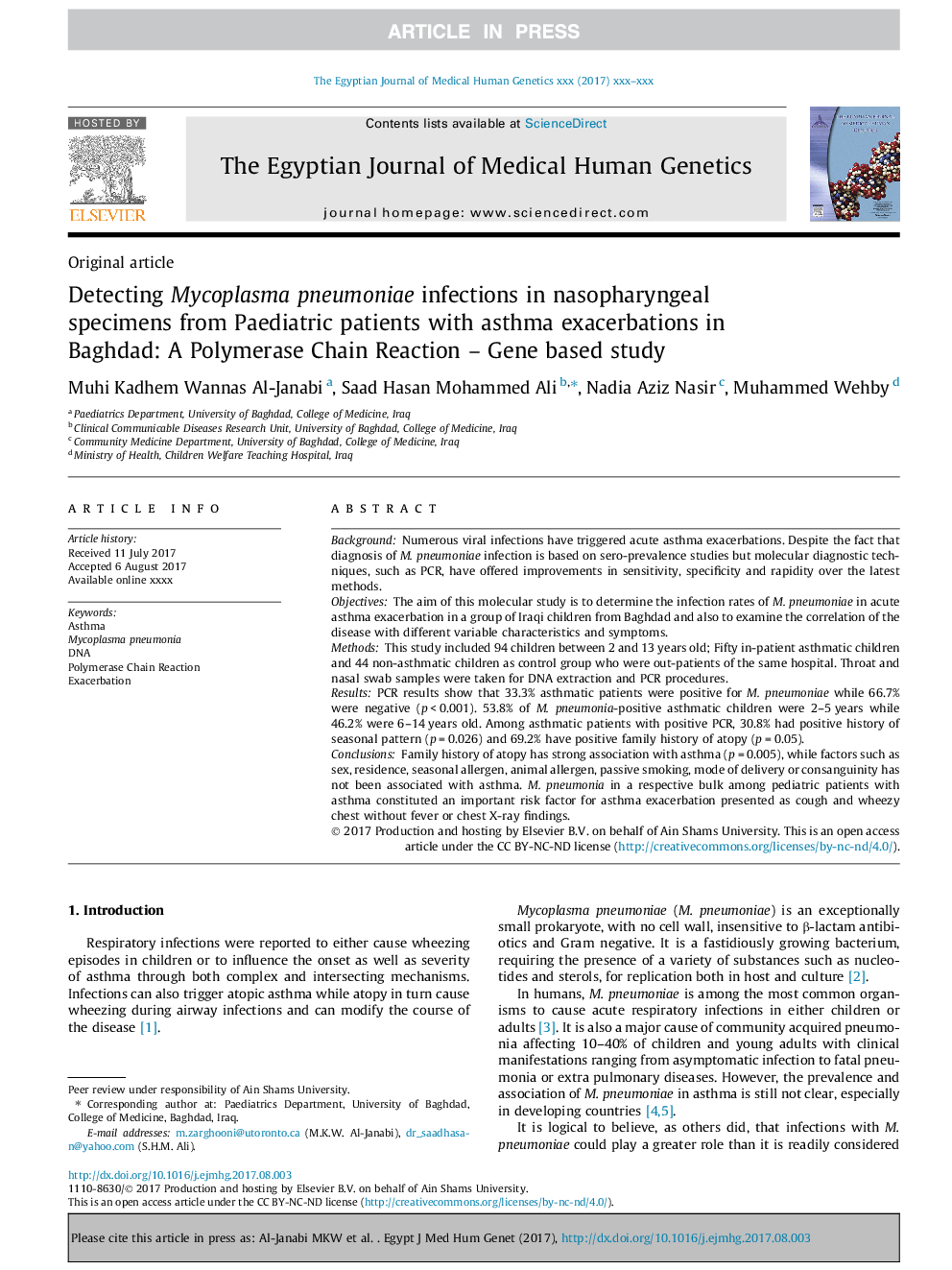 Detecting Mycoplasma pneumoniae infections in nasopharyngeal specimens from Paediatric patients with asthma exacerbations in Baghdad: A Polymerase Chain Reaction - Gene based study