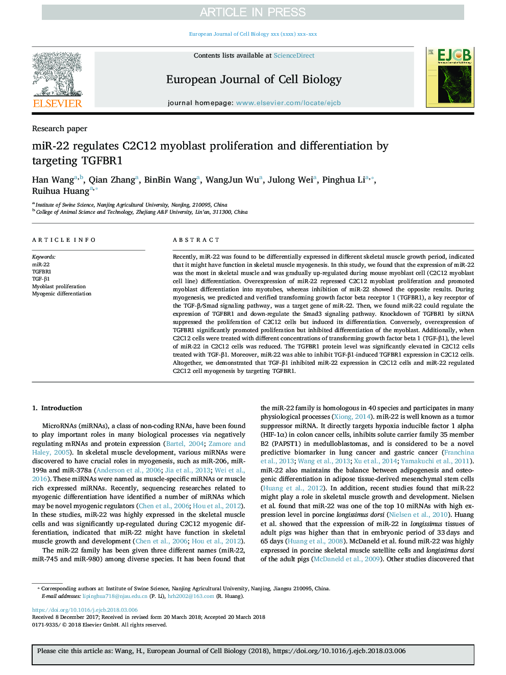 miR-22 regulates C2C12 myoblast proliferation and differentiation by targeting TGFBR1