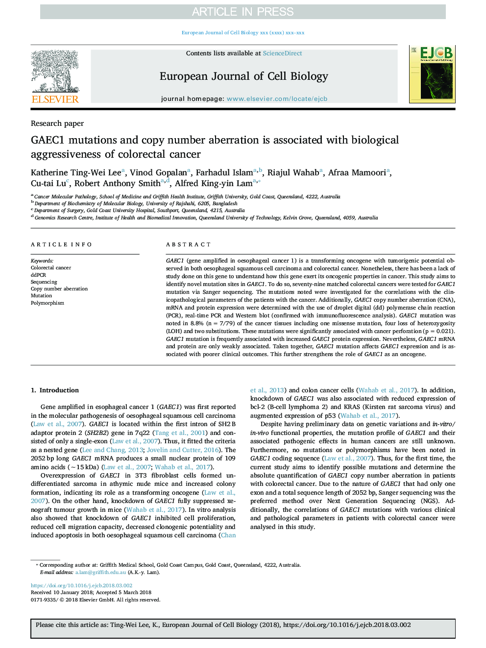 عکس صفحه اول مقاله: GAEC1 mutations and copy number aberration is associated with biological aggressiveness of colorectal cancer GAEC1 mutations and copy number aberration is associated with biological aggressiveness of colorectal cancer