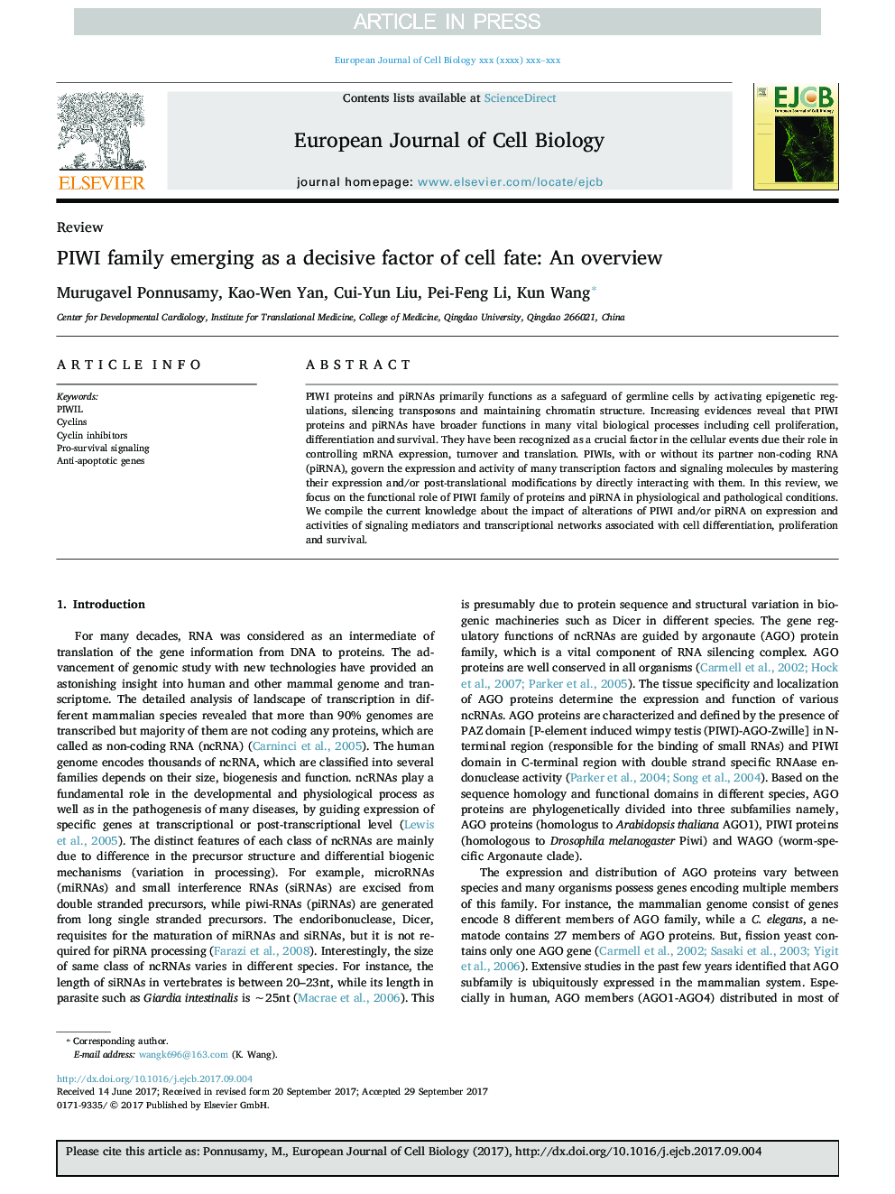 PIWI family emerging as a decisive factor of cell fate: An overview