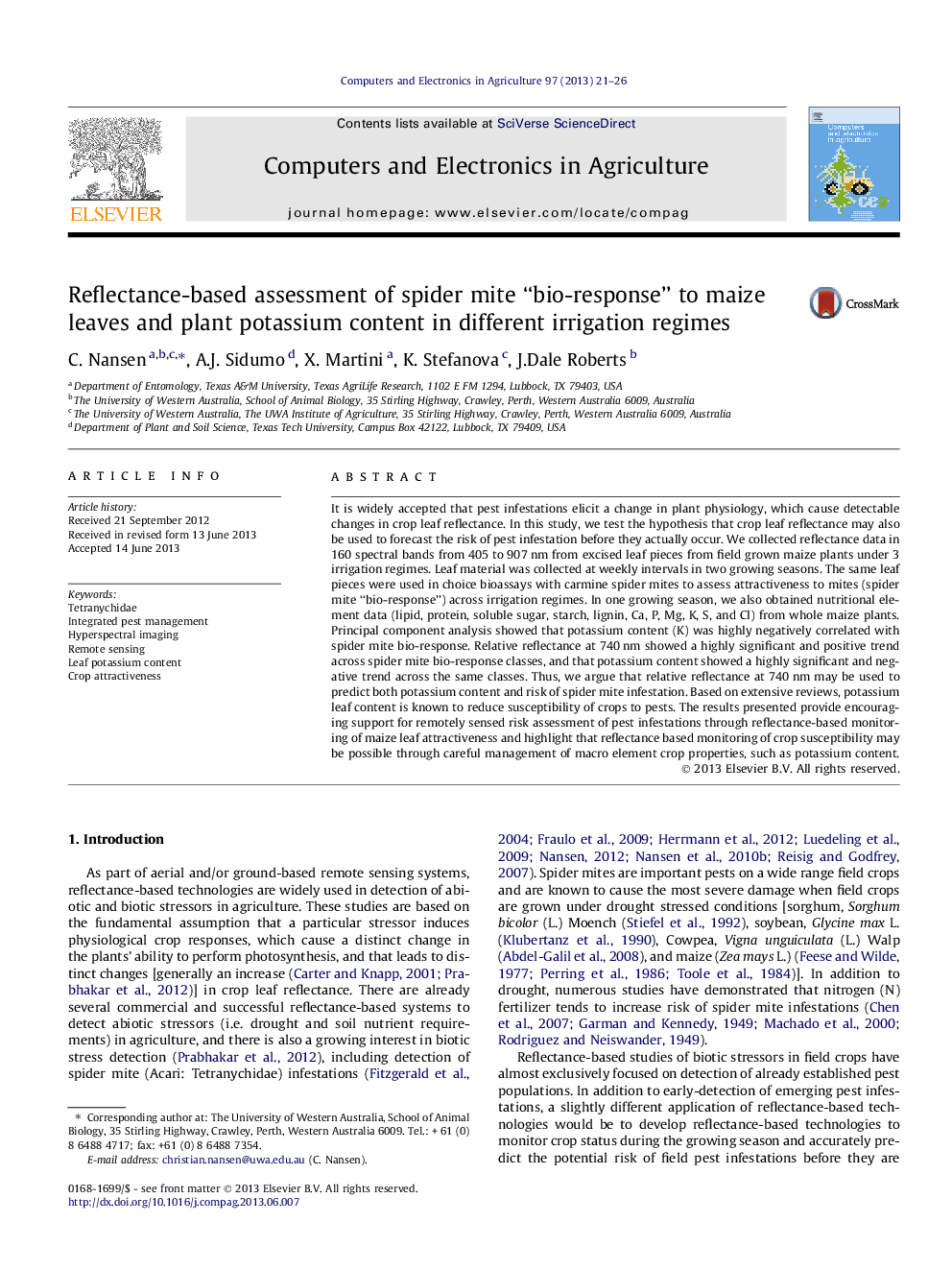 Reflectance-based assessment of spider mite “bio-response” to maize leaves and plant potassium content in different irrigation regimes