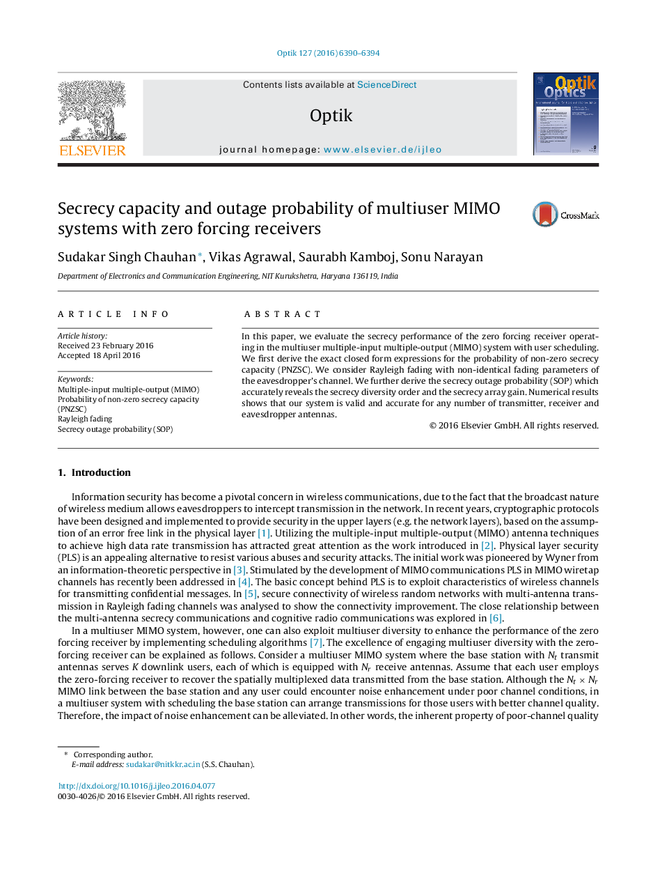 Secrecy capacity and outage probability of multiuser MIMO systems with zero forcing receivers