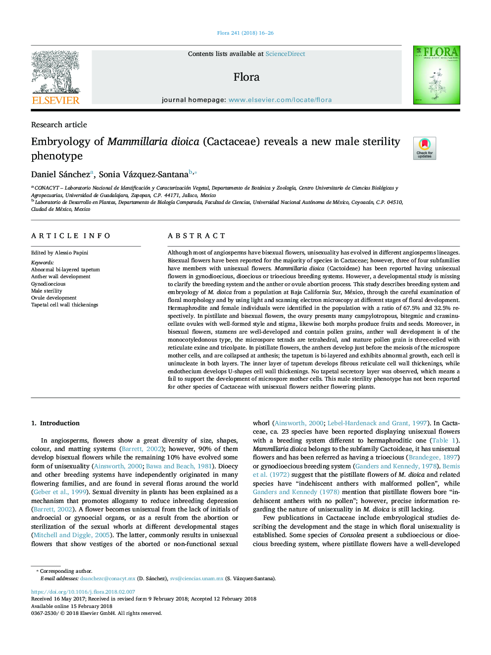 Embryology of Mammillaria dioica (Cactaceae) reveals a new male sterility phenotype