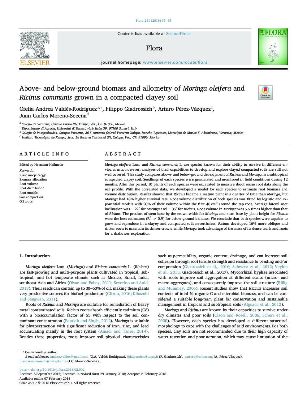 Above- and below-ground biomass and allometry of Moringa oleifera and Ricinus communis grown in a compacted clayey soil