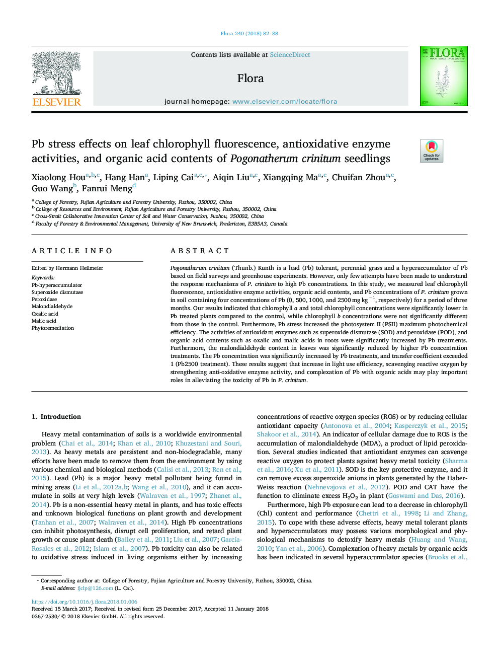Pb stress effects on leaf chlorophyll fluorescence, antioxidative enzyme activities, and organic acid contents of Pogonatherum crinitum seedlings