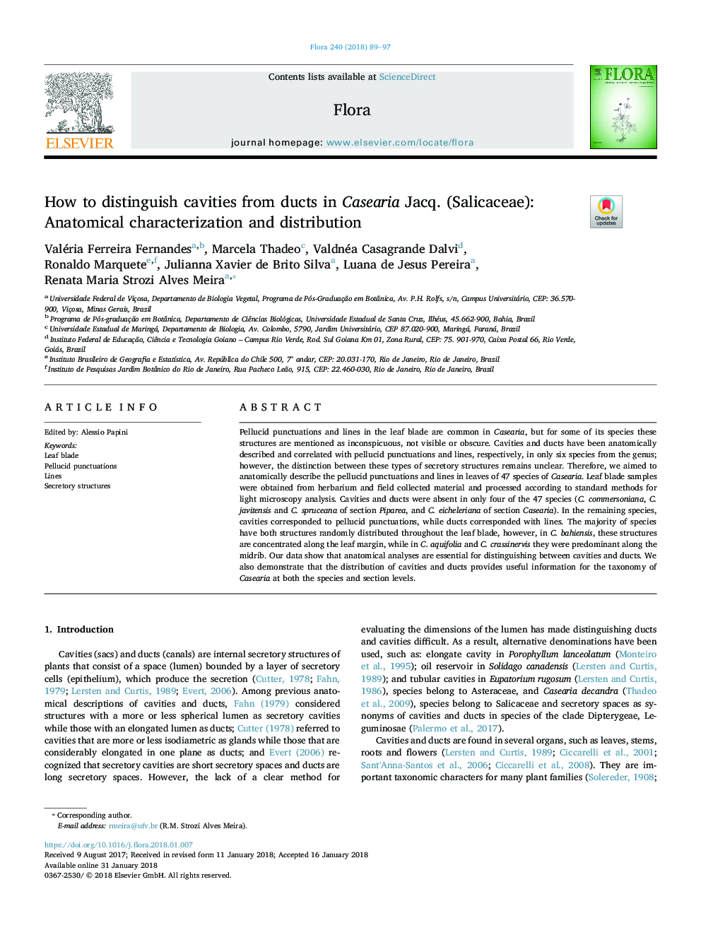 How to distinguish cavities from ducts in Casearia Jacq. (Salicaceae): Anatomical characterization and distribution