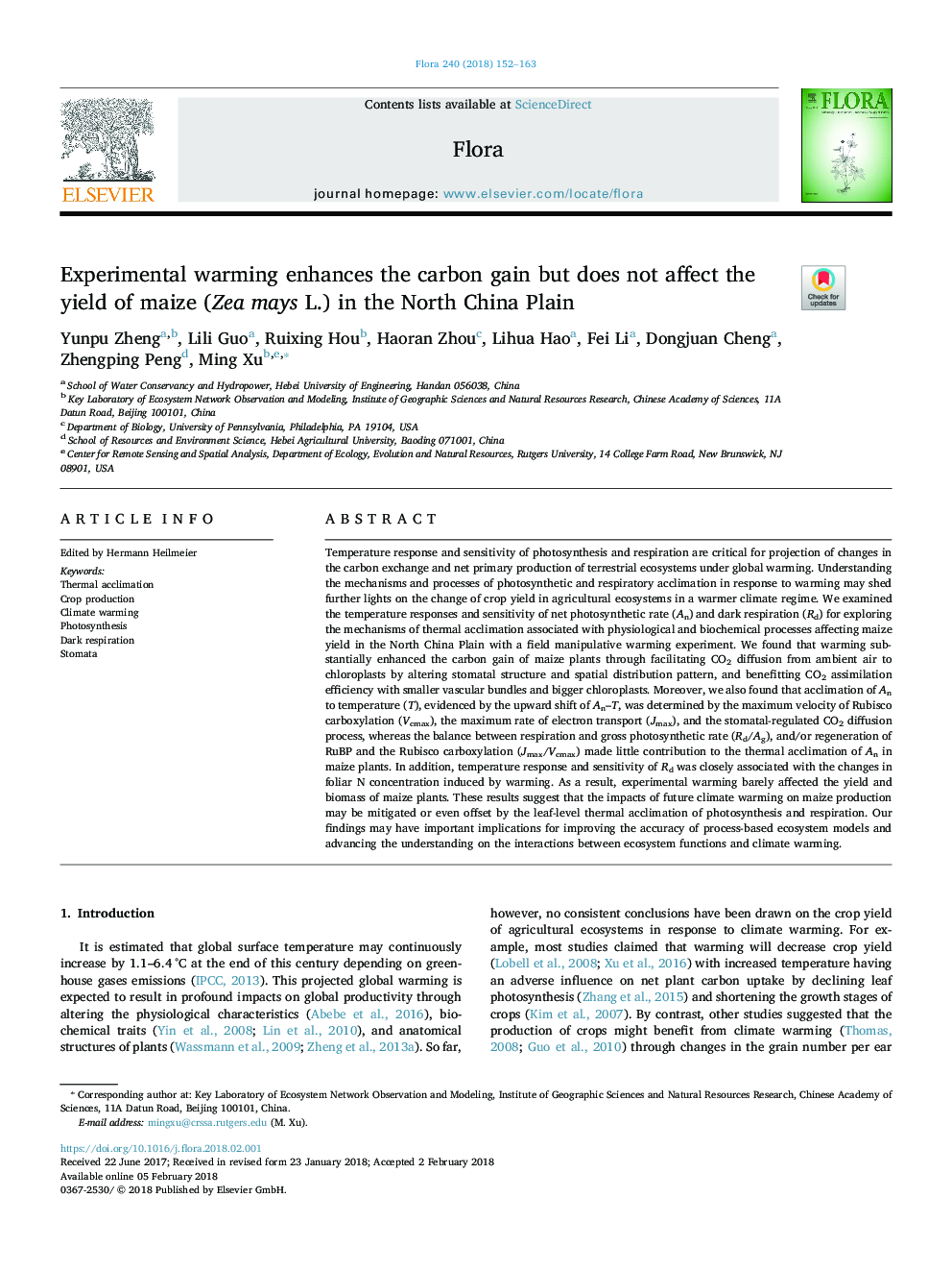Experimental warming enhances the carbon gain but does not affect the yield of maize (Zea mays L.) in the North China Plain