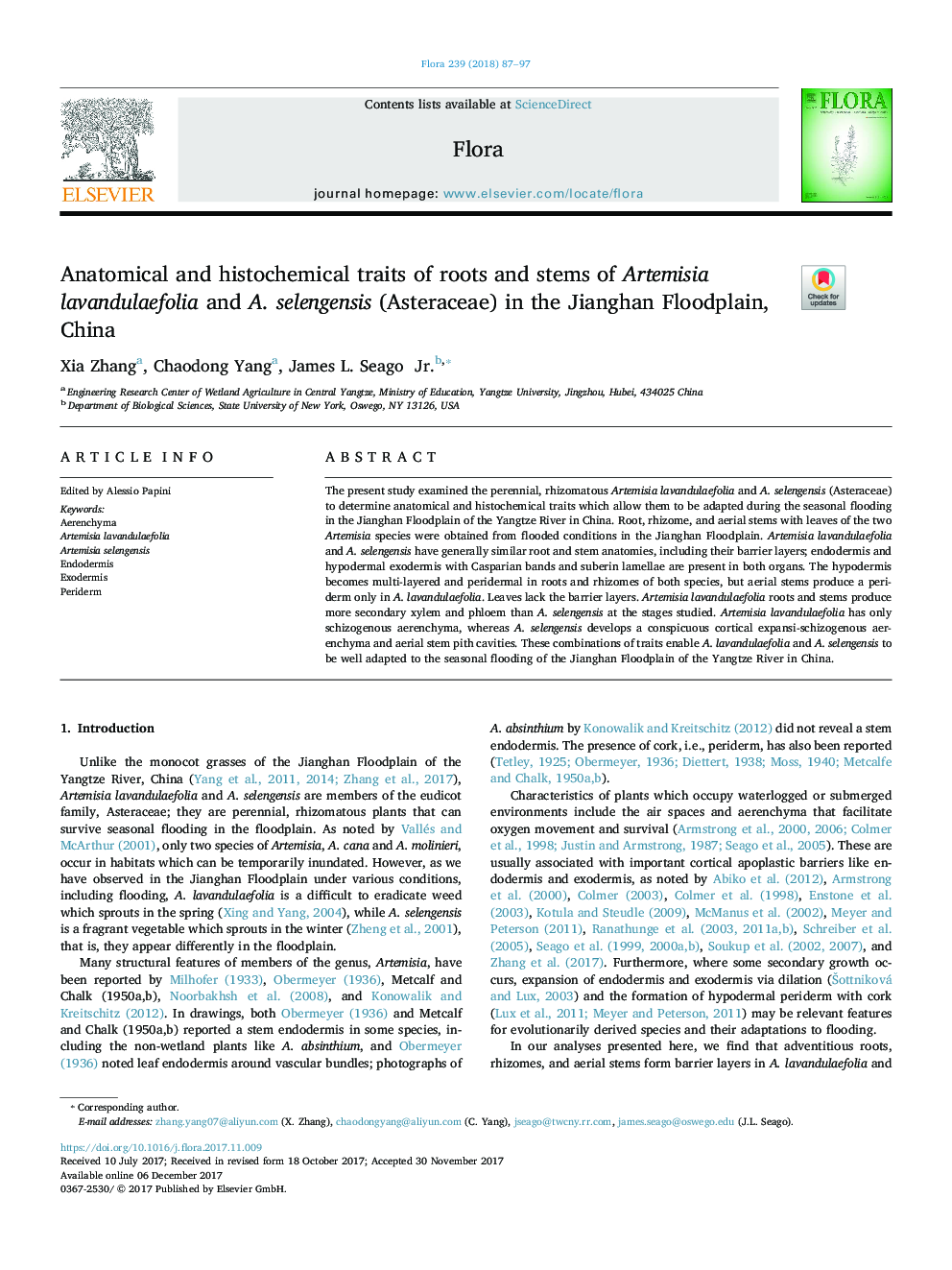 Anatomical and histochemical traits of roots and stems of Artemisia lavandulaefolia and A. selengensis (Asteraceae) in the Jianghan Floodplain, China