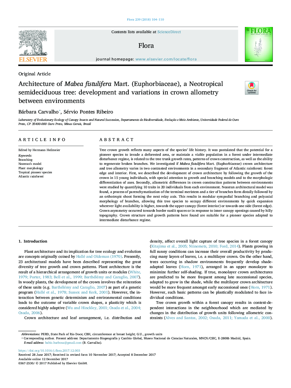 Architecture of Mabea fistulifera Mart. (Euphorbiaceae), a Neotropical semideciduous tree: development and variations in crown allometry between environments