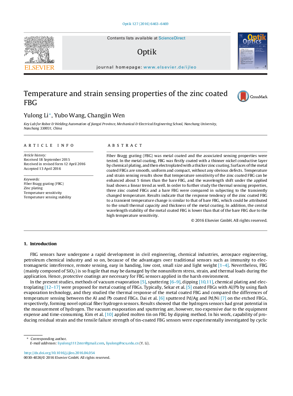 Temperature and strain sensing properties of the zinc coated FBG