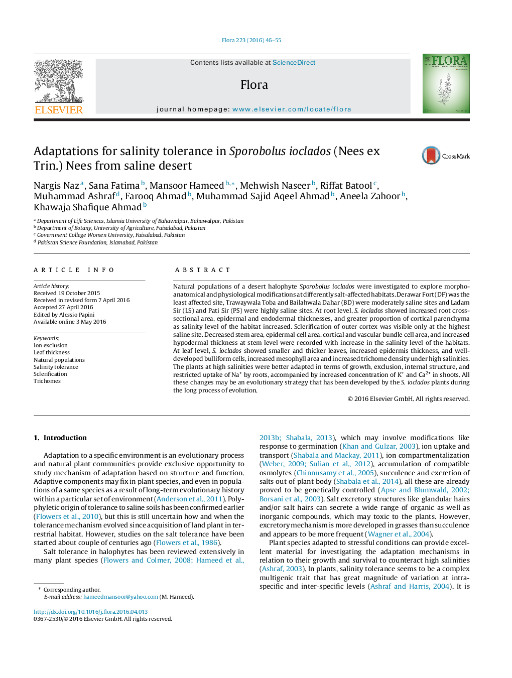 Adaptations for salinity tolerance in Sporobolus ioclados (Nees ex Trin.) Nees from saline desert