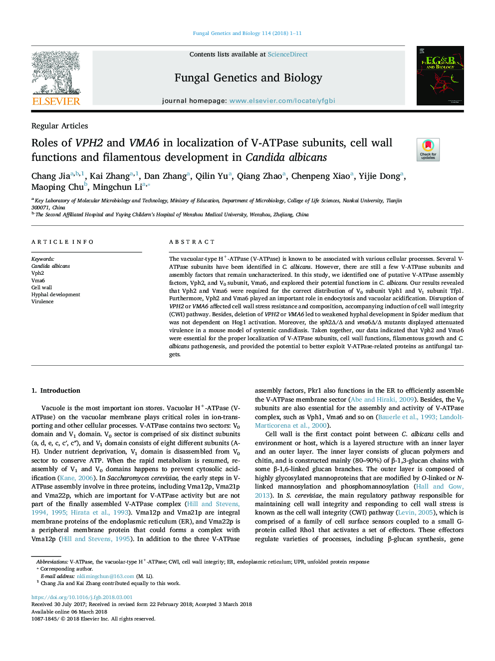 Roles of VPH2 and VMA6 in localization of V-ATPase subunits, cell wall functions and filamentous development in Candida albicans