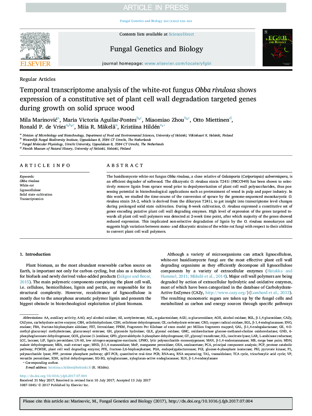 Temporal transcriptome analysis of the white-rot fungus Obba rivulosa shows expression of a constitutive set of plant cell wall degradation targeted genes during growth on solid spruce wood