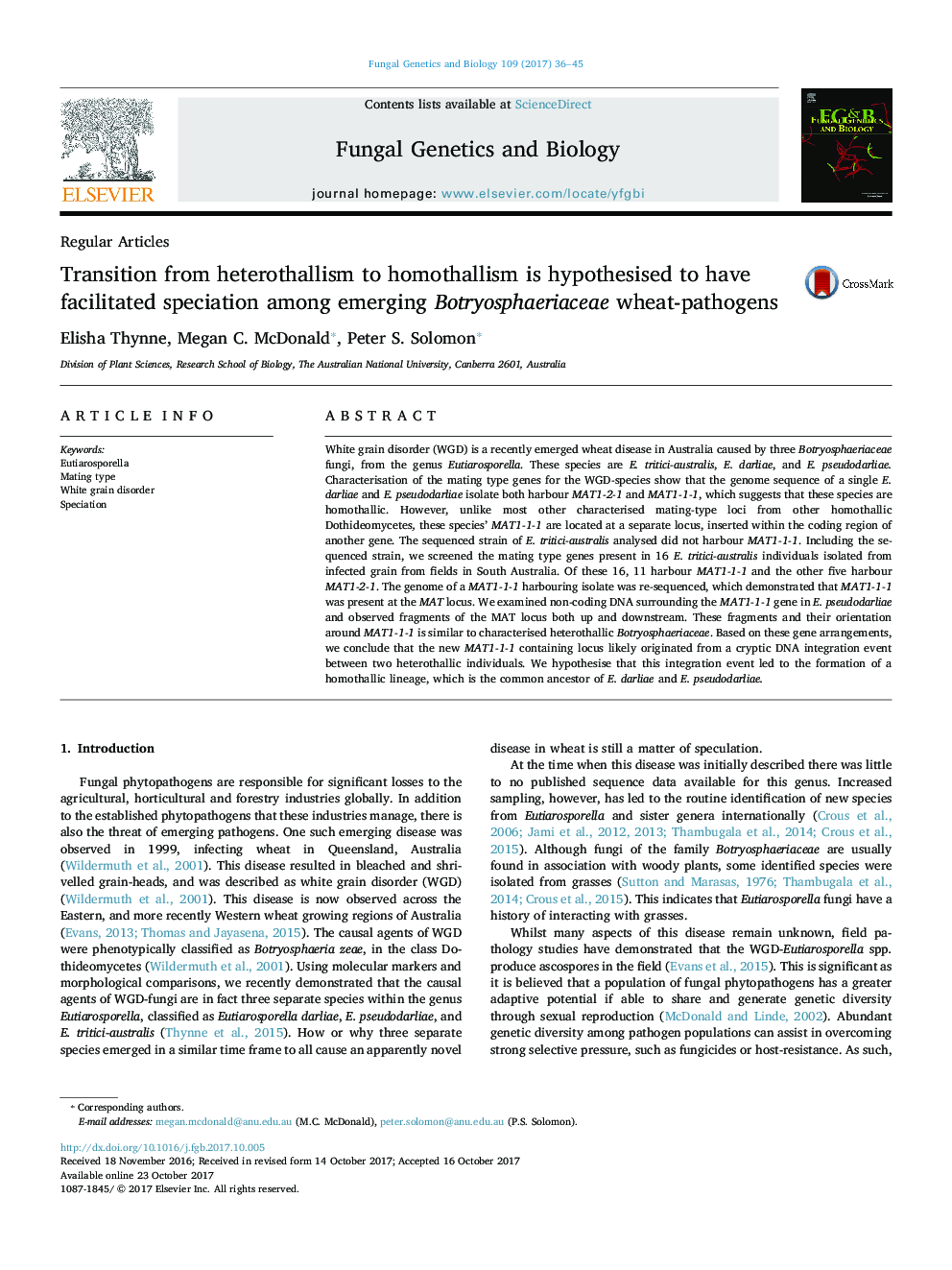 Transition from heterothallism to homothallism is hypothesised to have facilitated speciation among emerging Botryosphaeriaceae wheat-pathogens