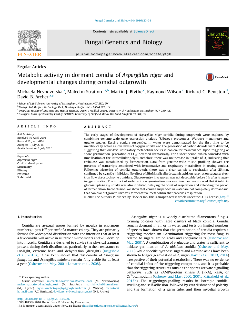 Metabolic activity in dormant conidia of Aspergillus niger and developmental changes during conidial outgrowth