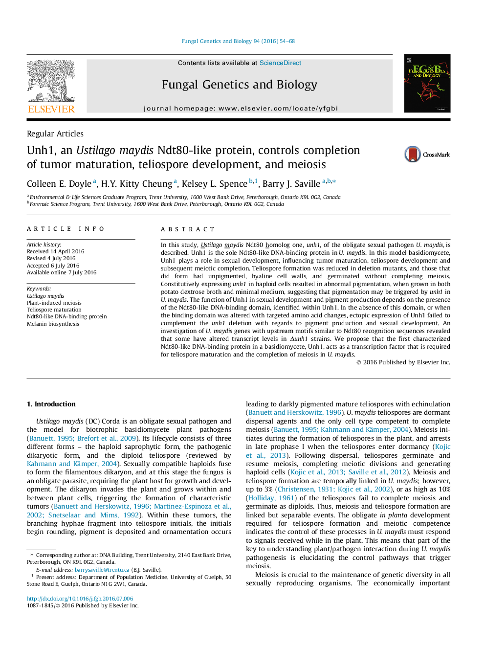 Unh1, an Ustilago maydis Ndt80-like protein, controls completion of tumor maturation, teliospore development, and meiosis