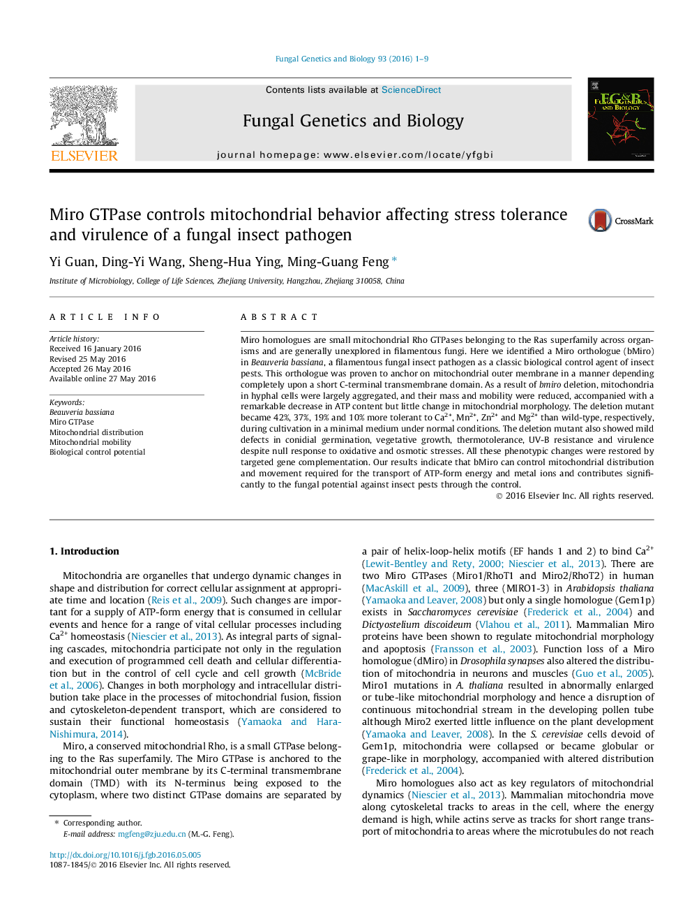 Miro GTPase controls mitochondrial behavior affecting stress tolerance and virulence of a fungal insect pathogen