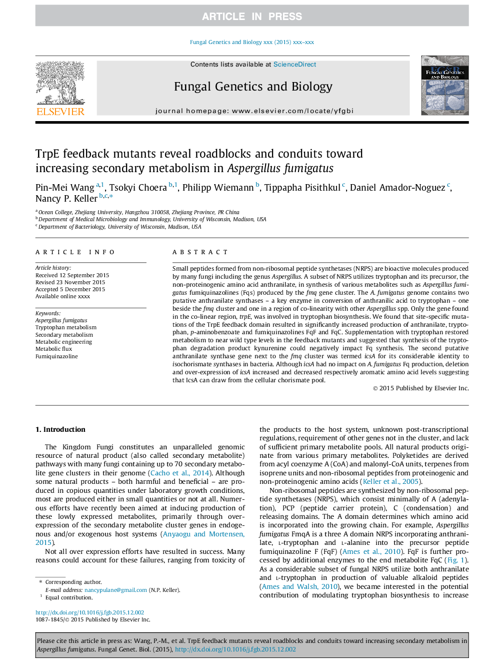 TrpE feedback mutants reveal roadblocks and conduits toward increasing secondary metabolism in Aspergillus fumigatus