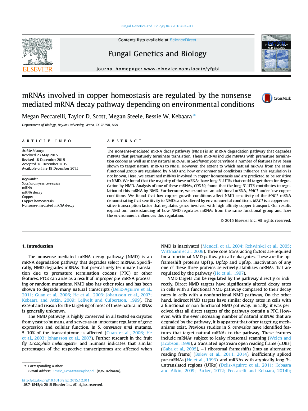 mRNAs involved in copper homeostasis are regulated by the nonsense-mediated mRNA decay pathway depending on environmental conditions