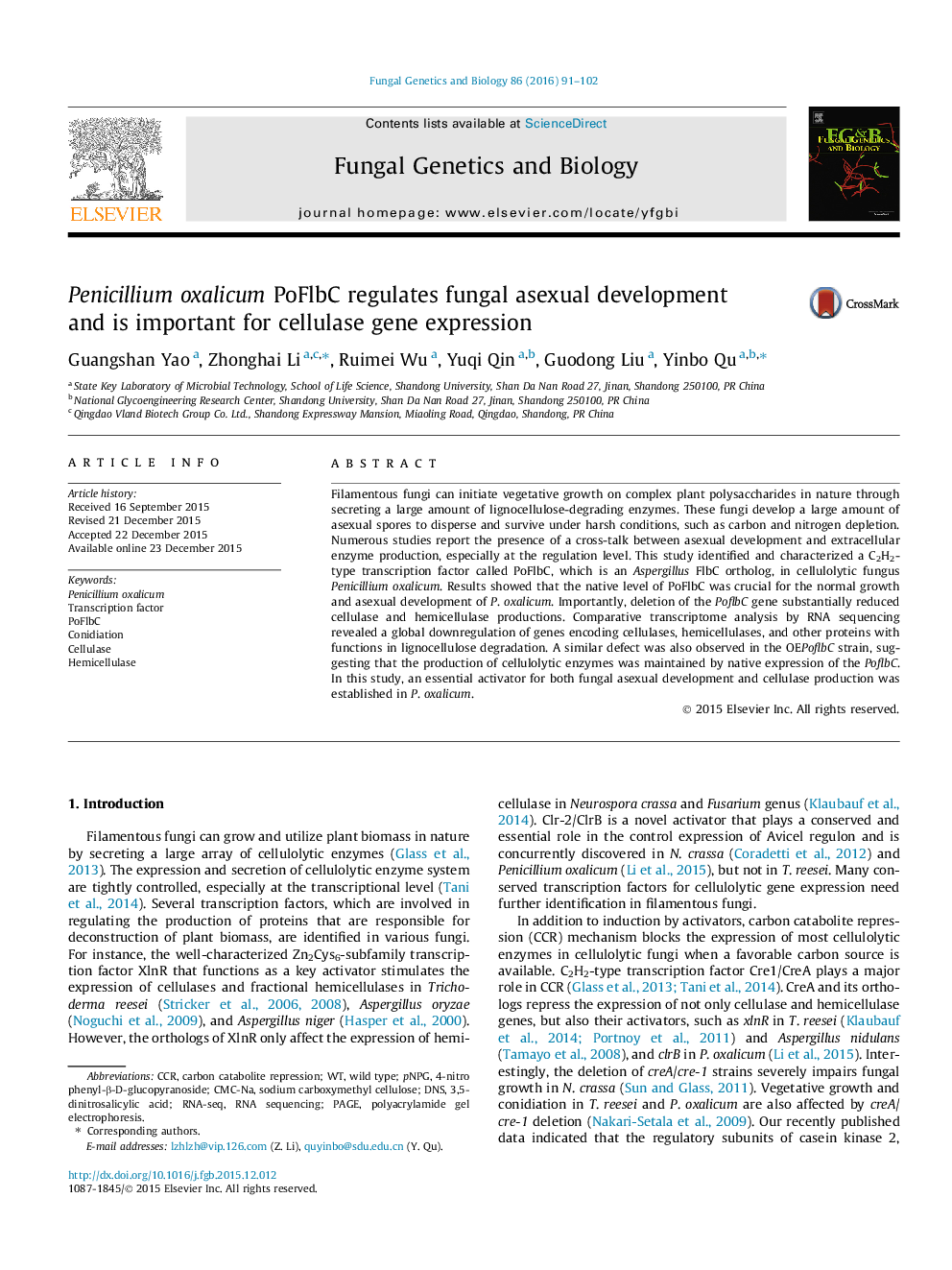 Penicillium oxalicum PoFlbC regulates fungal asexual development and is important for cellulase gene expression