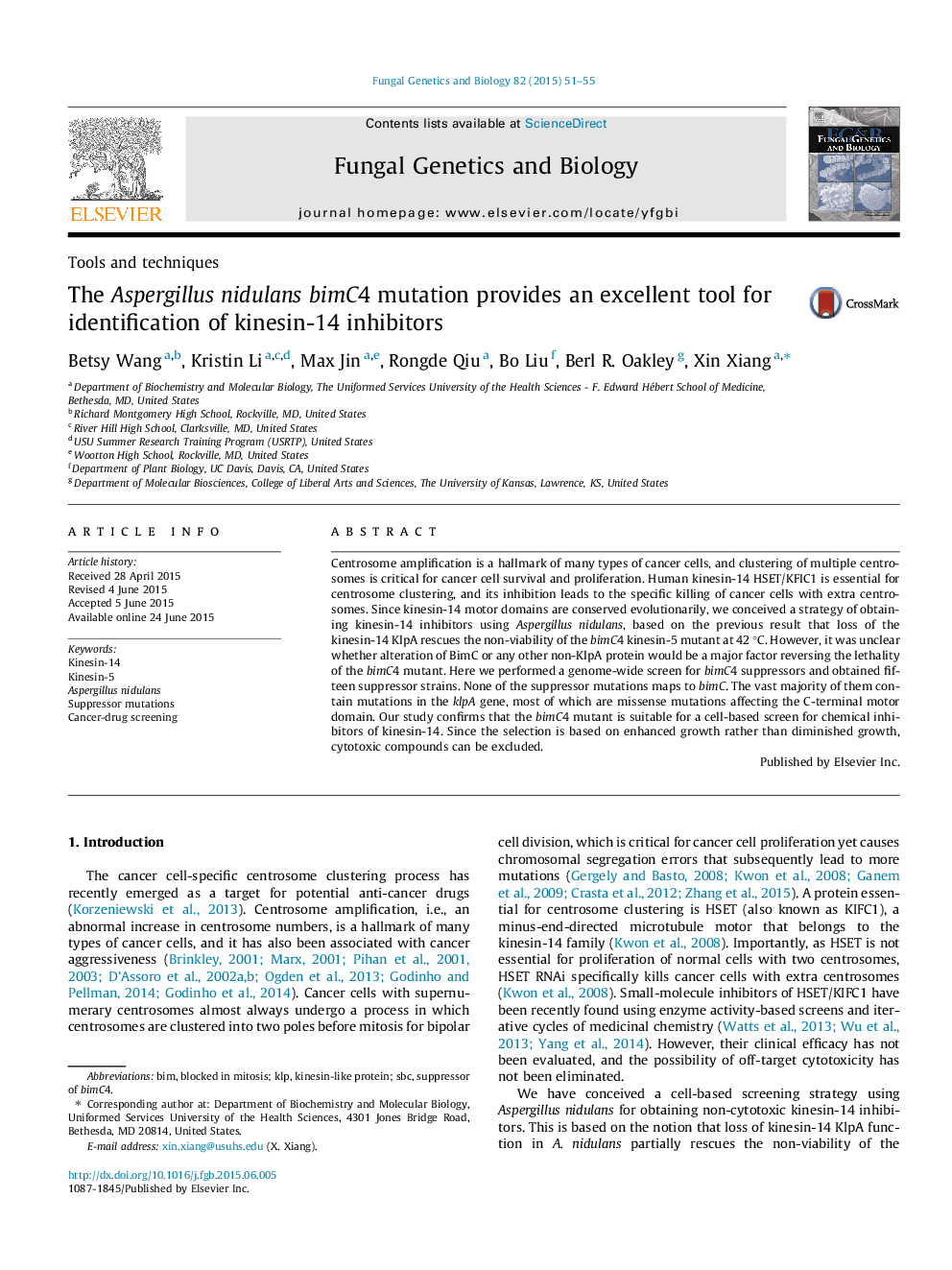 The Aspergillus nidulans bimC4 mutation provides an excellent tool for identification of kinesin-14 inhibitors