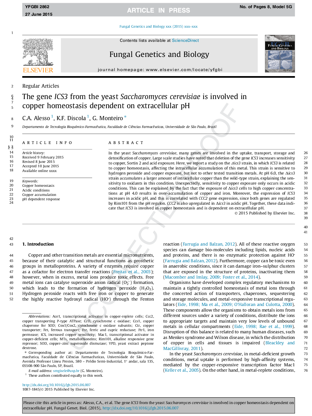 The gene ICS3 from the yeast Saccharomyces cerevisiae is involved in copper homeostasis dependent on extracellular pH