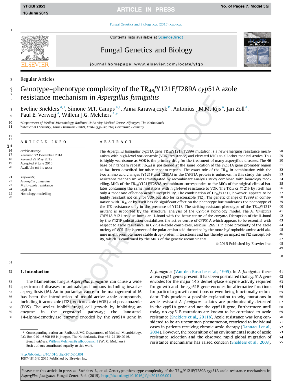 Genotype-phenotype complexity of the TR46/Y121F/T289A cyp51A azole resistance mechanism in Aspergillus fumigatus