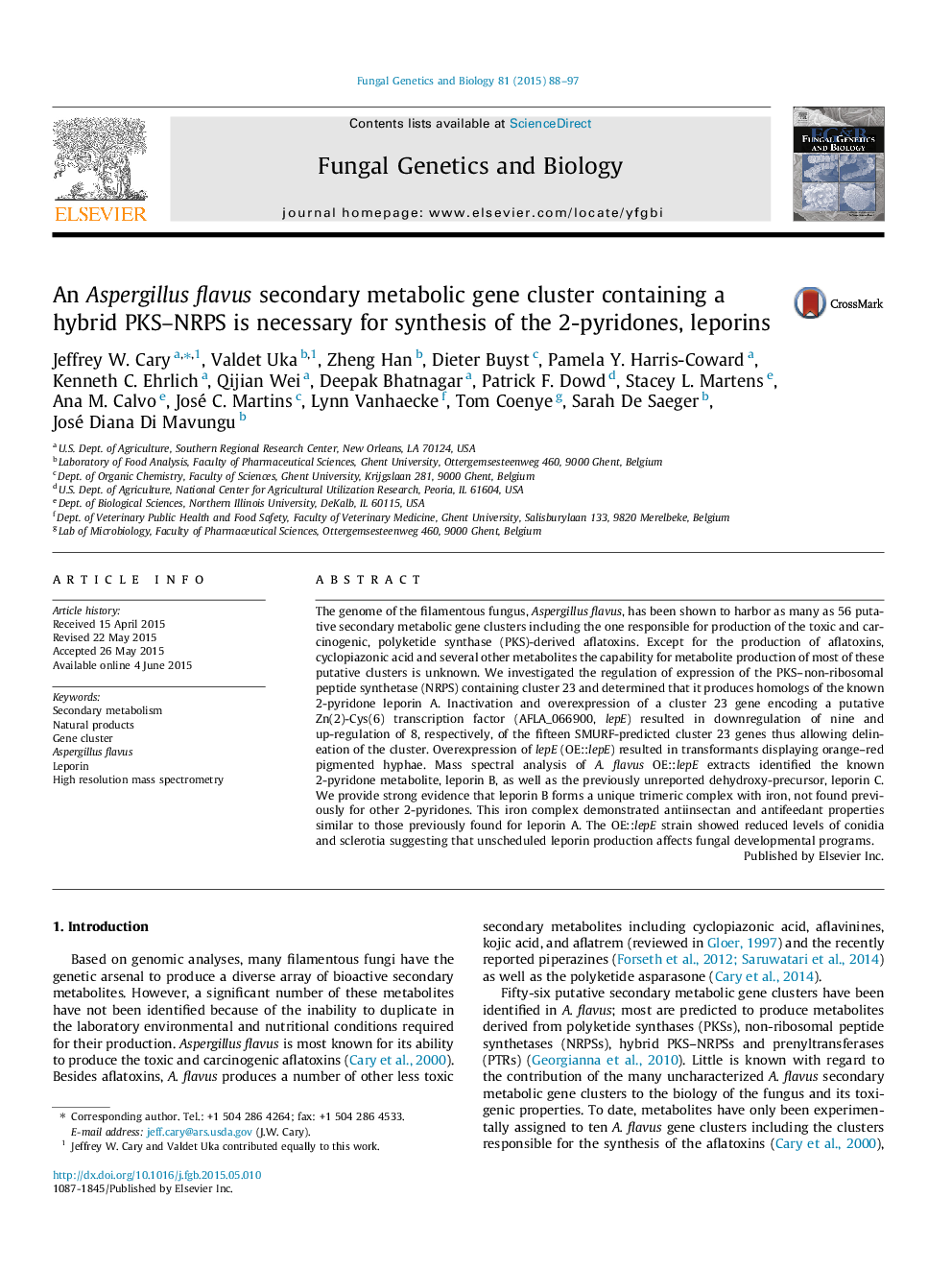 An Aspergillus flavus secondary metabolic gene cluster containing a hybrid PKS-NRPS is necessary for synthesis of the 2-pyridones, leporins