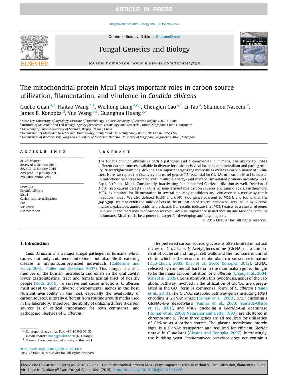 The mitochondrial protein Mcu1 plays important roles in carbon source utilization, filamentation, and virulence in Candida albicans