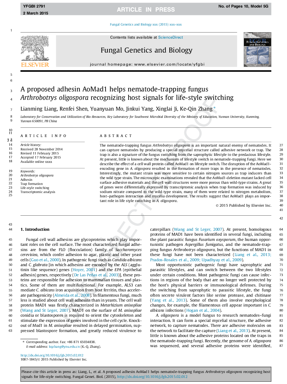 A proposed adhesin AoMad1 helps nematode-trapping fungus Arthrobotrys oligospora recognizing host signals for life-style switching