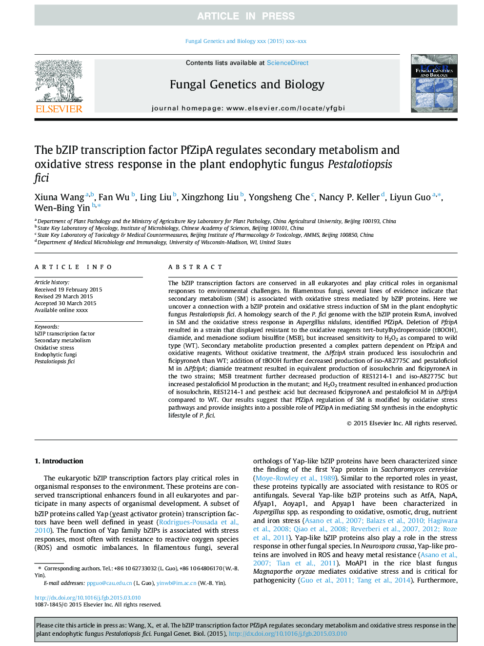 The bZIP transcription factor PfZipA regulates secondary metabolism and oxidative stress response in the plant endophytic fungus Pestalotiopsis fici