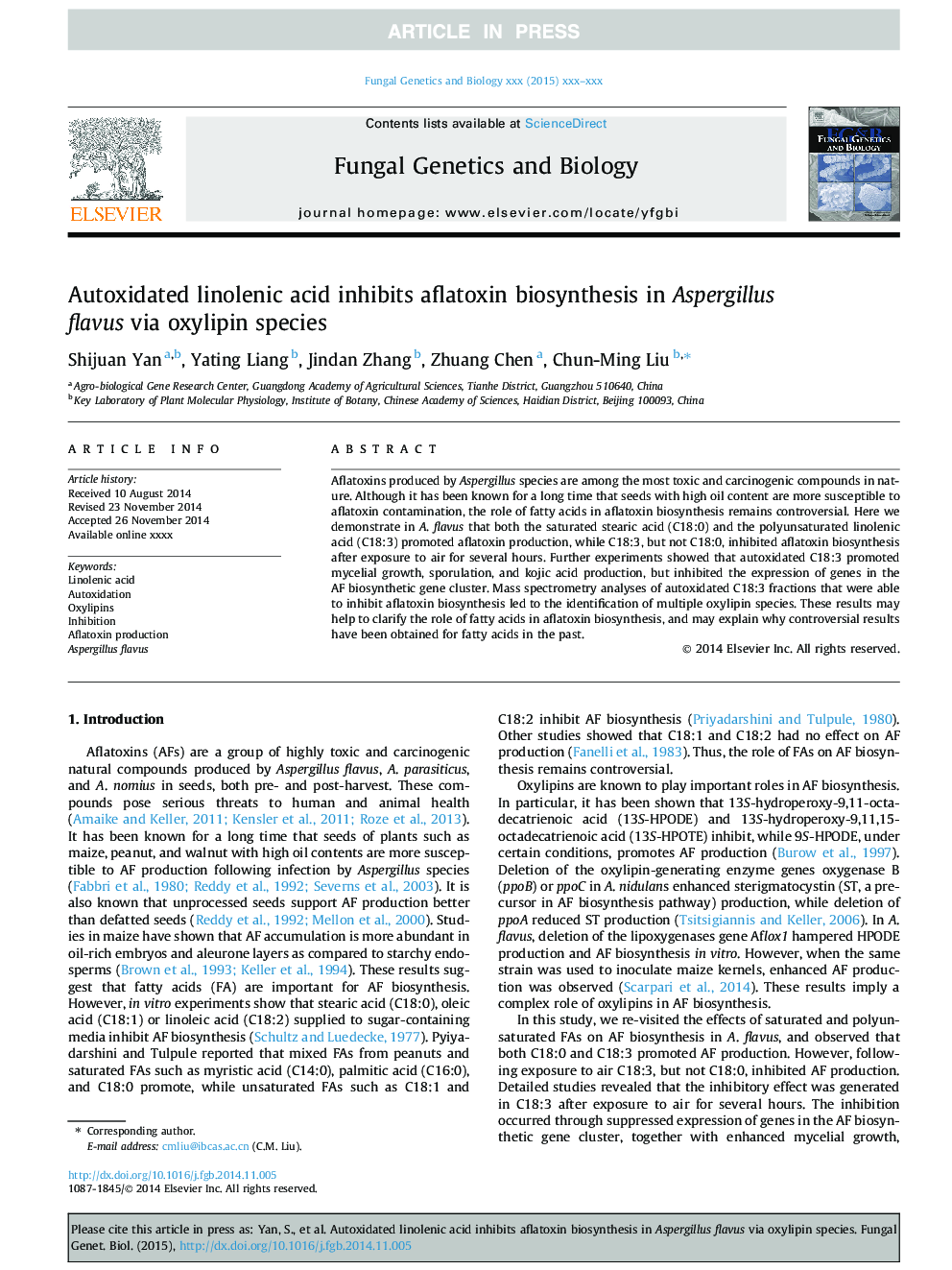 Autoxidated linolenic acid inhibits aflatoxin biosynthesis in Aspergillus flavus via oxylipin species