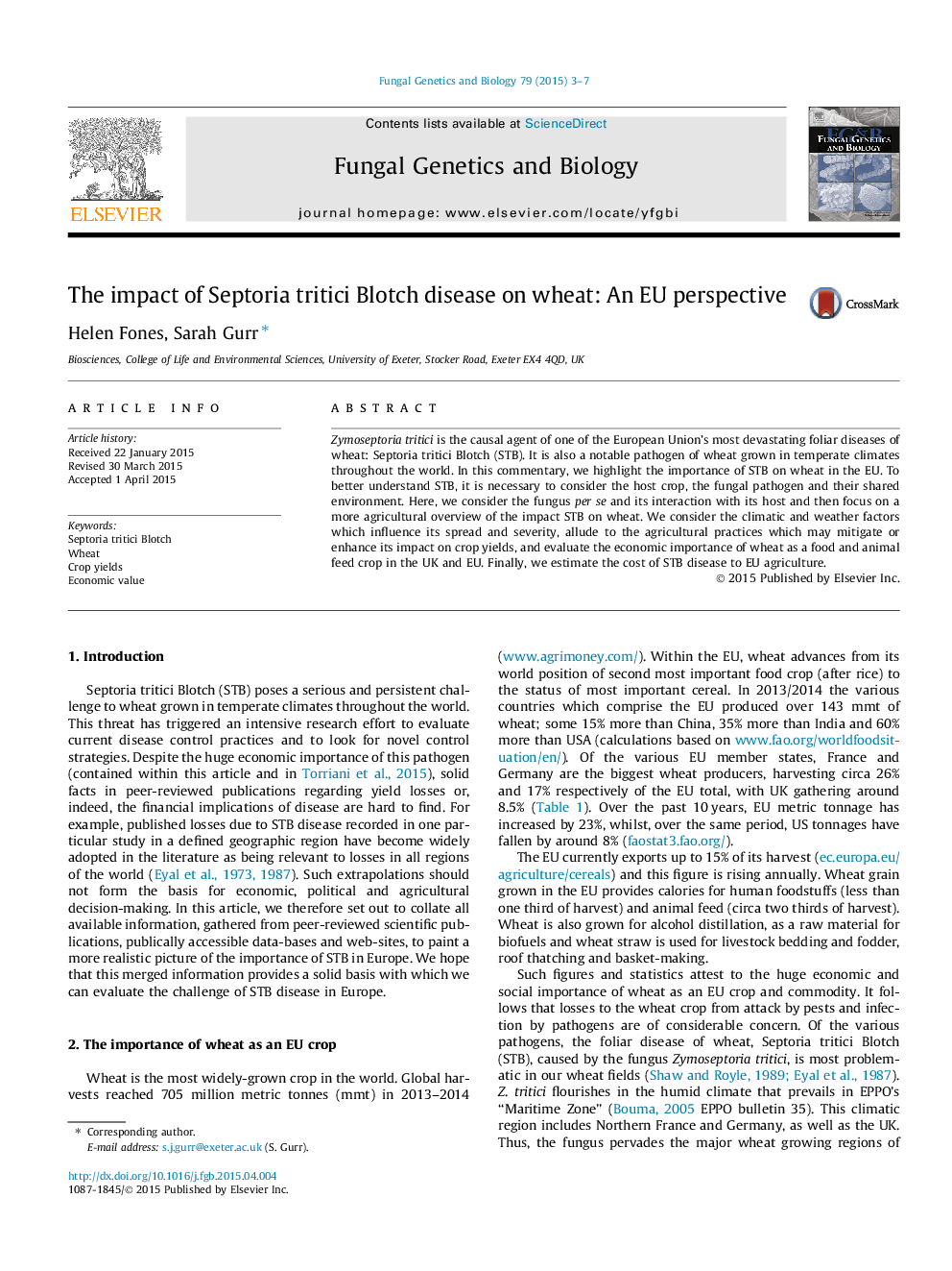 The impact of Septoria tritici Blotch disease on wheat: An EU perspective