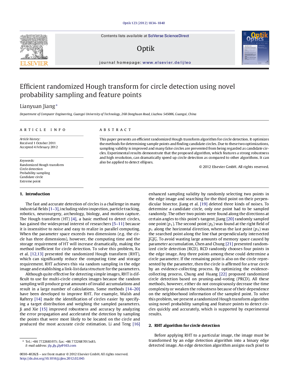 Efficient randomized Hough transform for circle detection using novel probability sampling and feature points