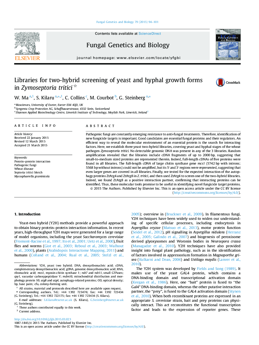 Libraries for two-hybrid screening of yeast and hyphal growth forms in Zymoseptoria tritici