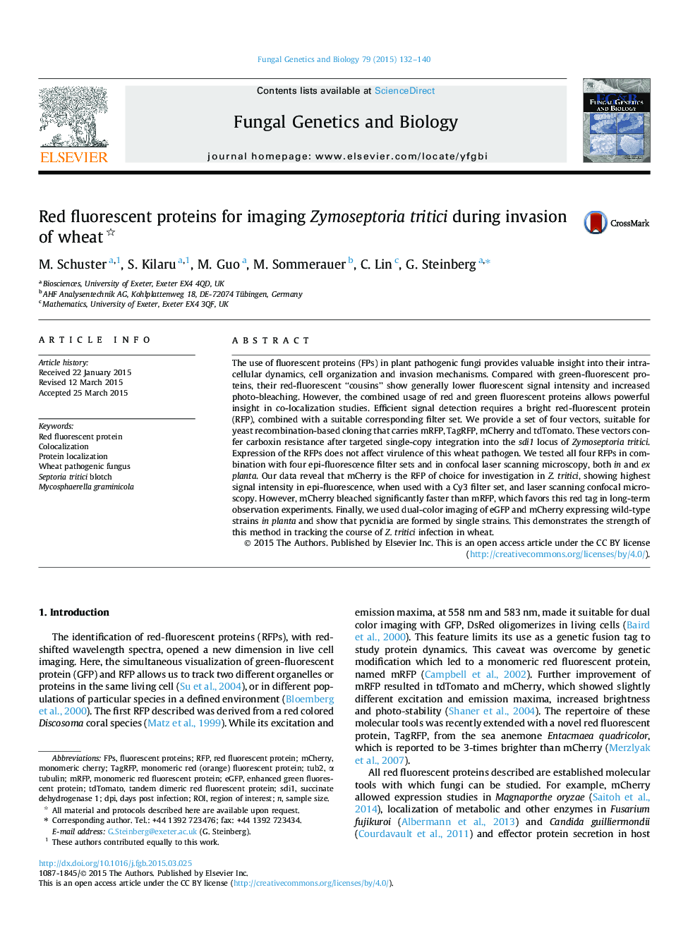 Red fluorescent proteins for imaging Zymoseptoria tritici during invasion of wheat