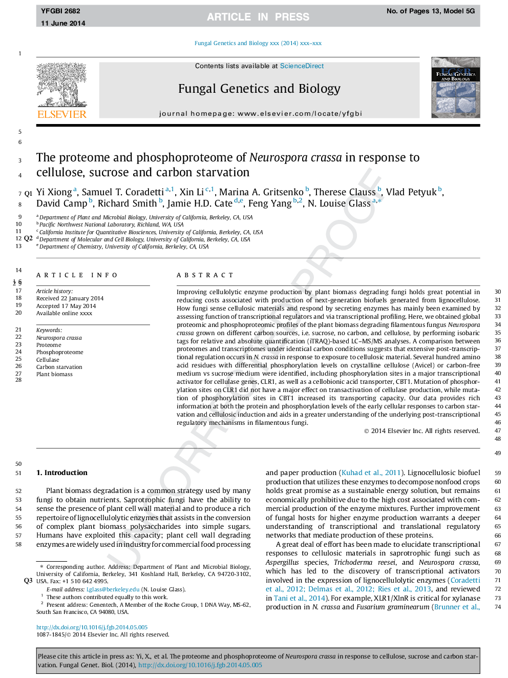 The proteome and phosphoproteome of Neurospora crassa in response to cellulose, sucrose and carbon starvation