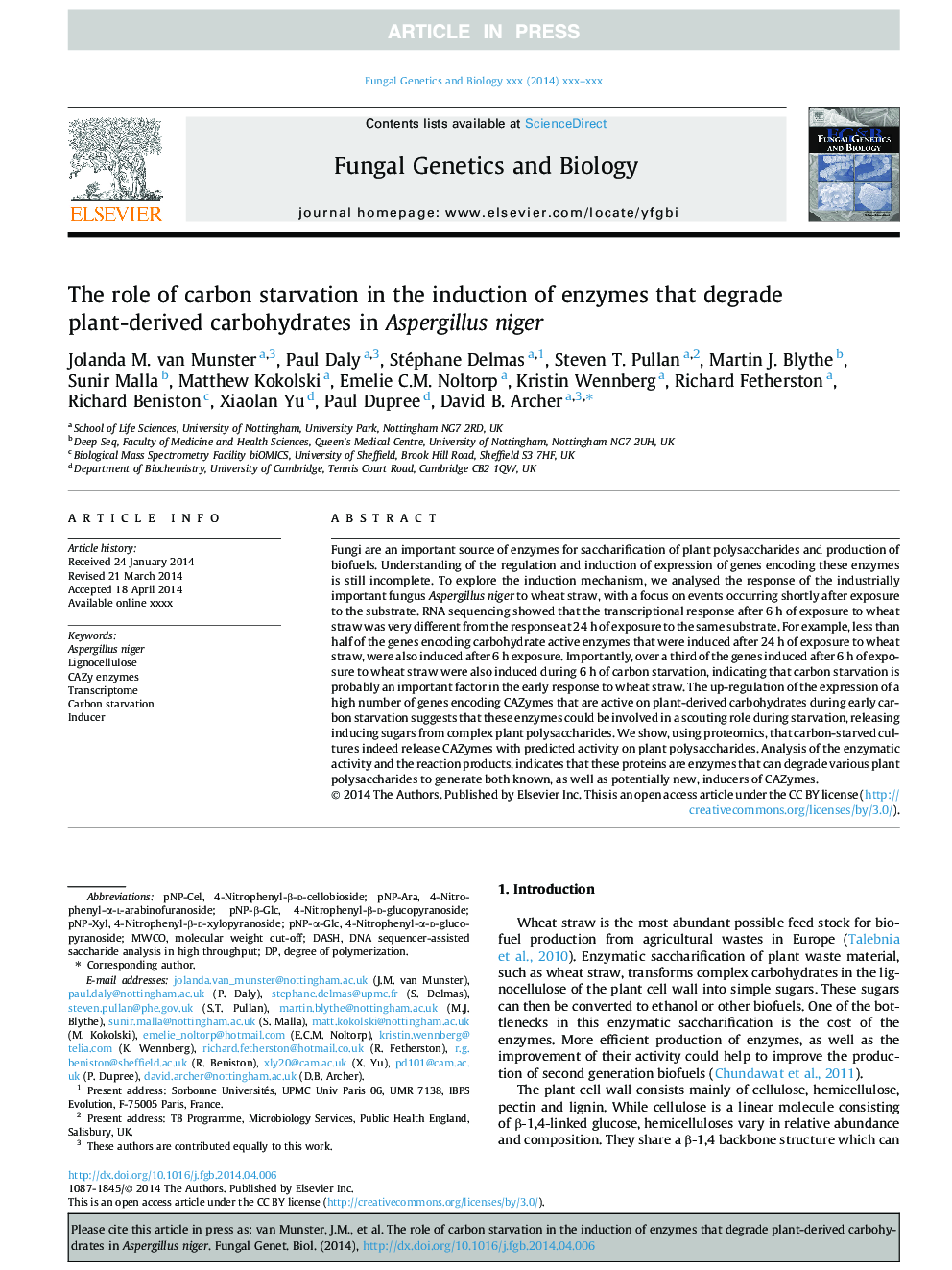 The role of carbon starvation in the induction of enzymes that degrade plant-derived carbohydrates in Aspergillus niger