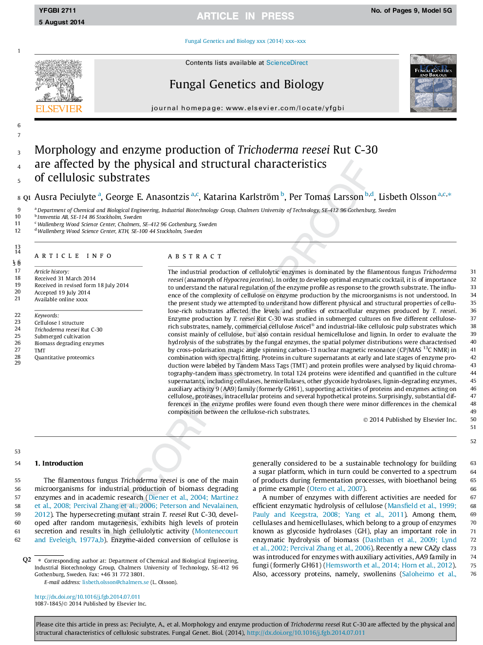 عکس صفحه اول مقاله: Morphology and enzyme production of Trichoderma reesei Rut C-30 are affected by the physical and structural characteristics of cellulosic substrates Morphology and enzyme production of Trichoderma reesei Rut C-30 are affected by the physical and structural characteristics of cellulosic substrates