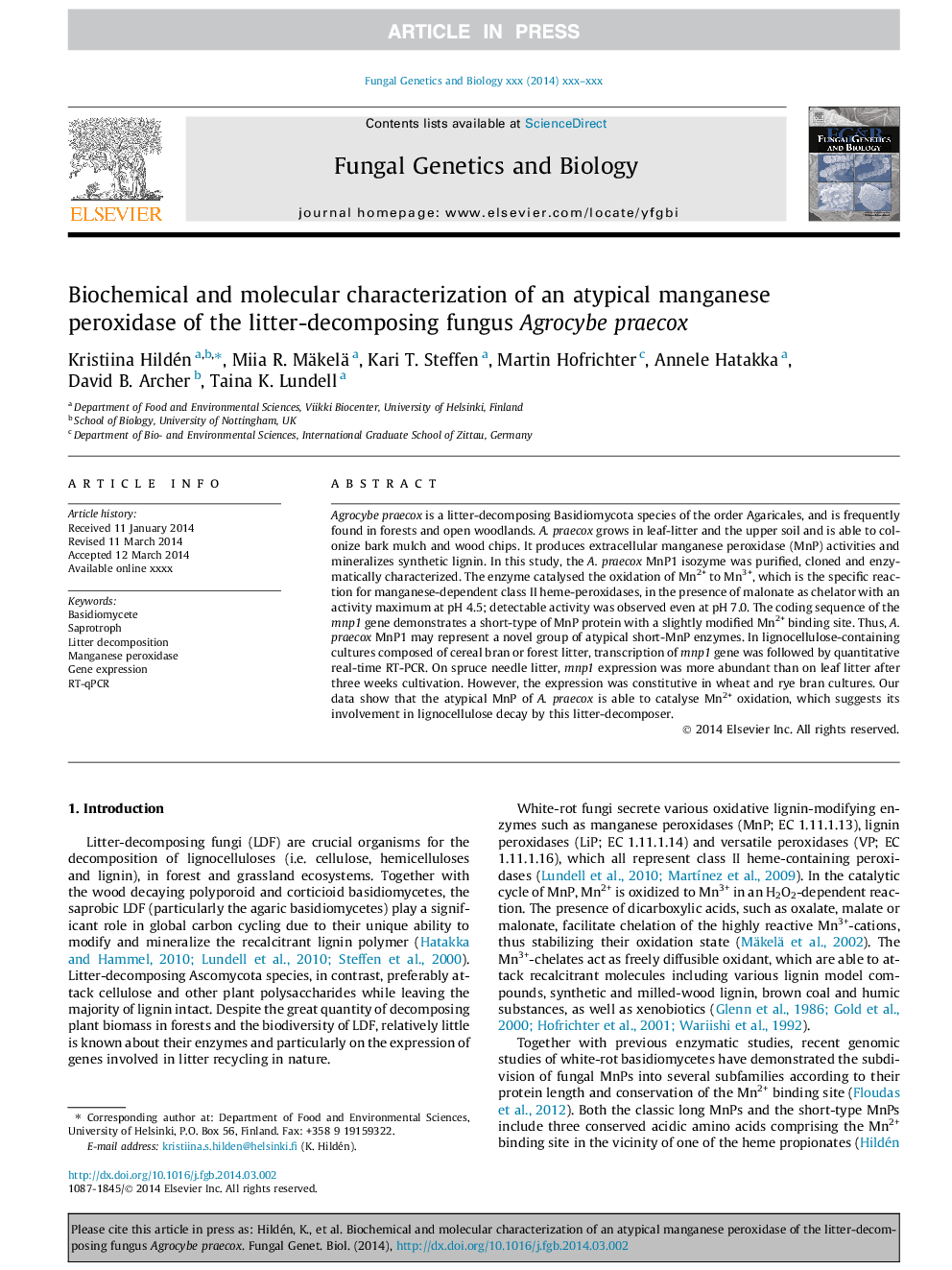 Biochemical and molecular characterization of an atypical manganese peroxidase of the litter-decomposing fungus Agrocybe praecox