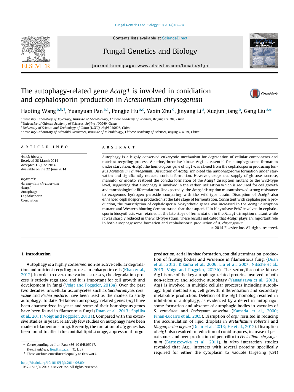 The autophagy-related gene Acatg1 is involved in conidiation and cephalosporin production in Acremonium chrysogenum