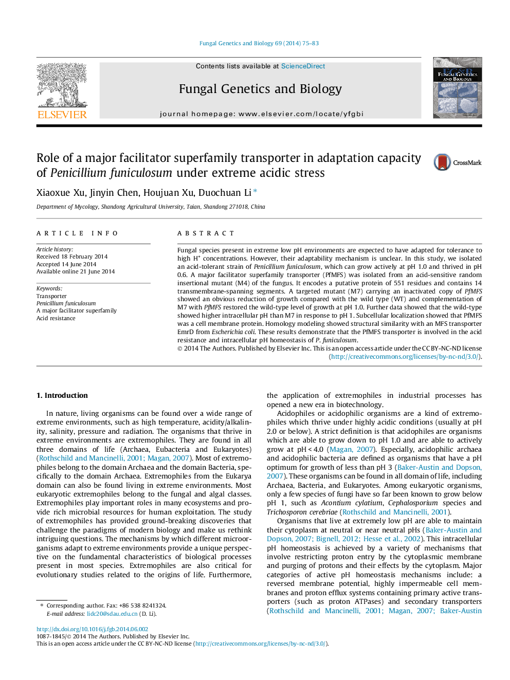 Role of a major facilitator superfamily transporter in adaptation capacity of Penicillium funiculosum under extreme acidic stress